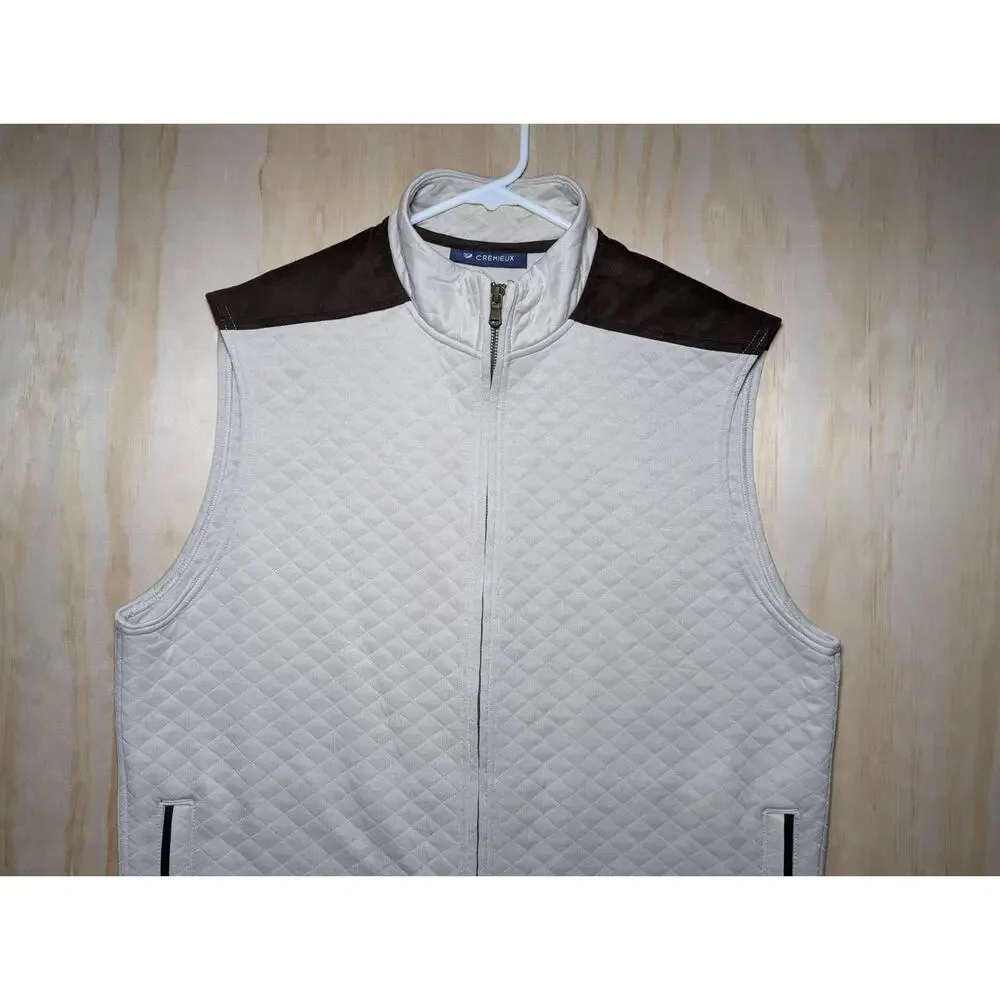 Cremieux Men's Large Quilted Vest Beige Brown Microsuede Yoke Full Zip Layer